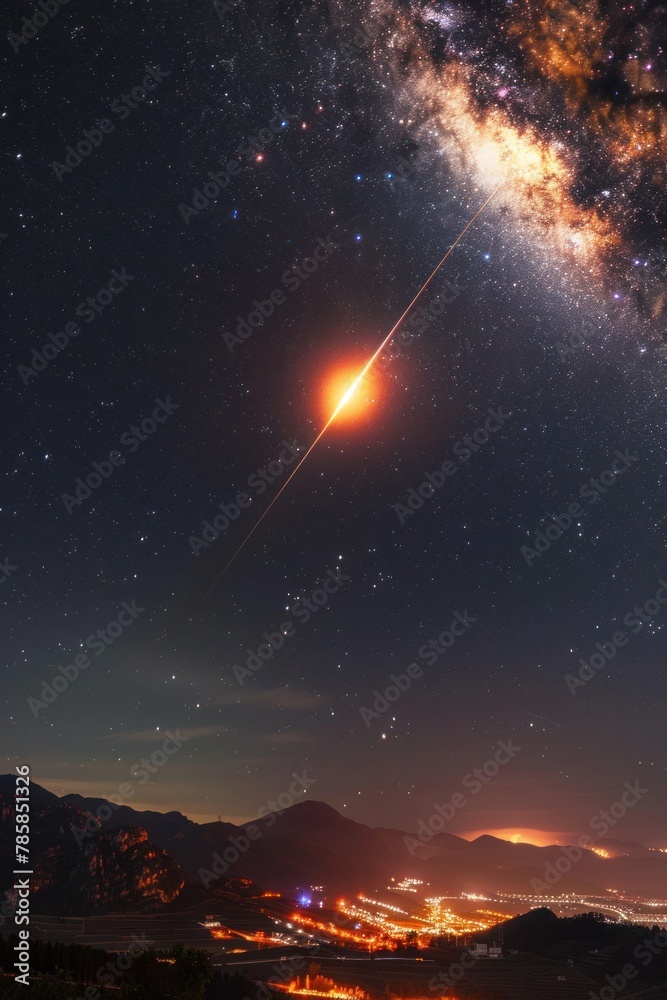 Burning comets and meteors streak across the sky, hurtling towards the Earth with fiery intensity, illuminating the darkness Burning comets and meteors streak across the sky, hurtling towards the Earth with fiery intensity, illuminating the darkness