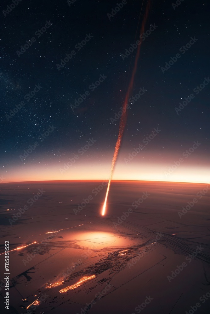 Burning comets and meteors streak across the sky, hurtling towards the Earth with fiery intensity, illuminating the darkness