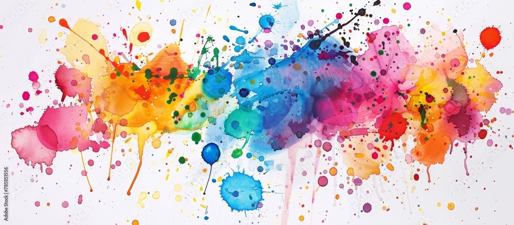 Obraz premium Rainbow-colored paint splattered in a vibrant display on a clean white background