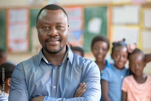 African school teacher with students in the background.