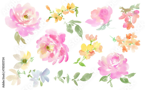 Set of Abstract Watercolor Painted Pink Roses and Leaves with Transparent Flower Background Illustrations