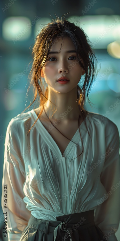 Φωτογραφία closeup woman wearing white shirt black pants young korean glossy skin upper bod