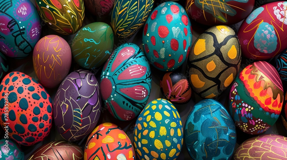 Abstract patterns of painted Easter eggs, blending vibrant hues with whimsical designs. Abstract patterns of painted Easter eggs, blending vibrant hues with whimsical designs.