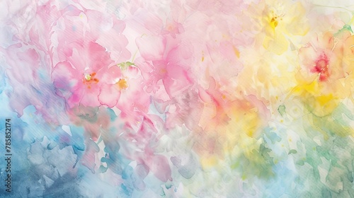 Soft watercolor washes in pastel pinks, yellows, and blues, symbolizing the gentle arrival of spring. 