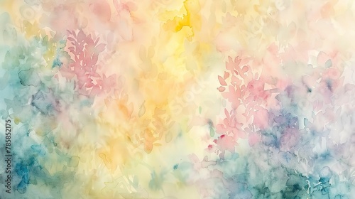 Soft watercolor washes in pastel pinks, yellows, and blues, symbolizing the gentle arrival of spring. 