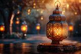  A beautifully crafted lantern with intricate patterns glowing softly, casting warm light on the surrounding trees and ground at sunset in an outdoor setting during Ramadan. Created with Ai