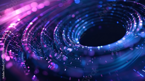 Swirling digital vortex in neon blues and purples, symbolizing the flow of information in cyberspace. 