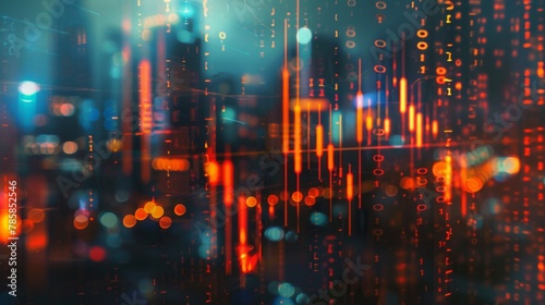 Abstract glowing big data forex candlestick chart on blurry city backdrop. Trade  technology  investment and analysis concept. Double exposure
