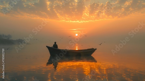 Title: Serene Morning Preparation: Fisherman Ready to Set Sail photo