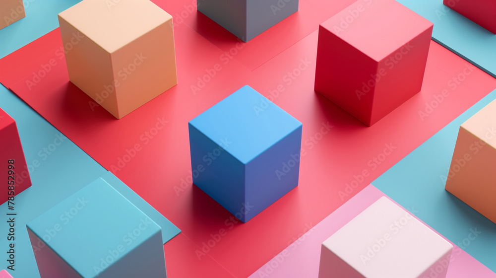 An abstract composition featuring 3D geometric shapes in a variety of vibrant colors within a modern architectural space. An abstract composition featuring 3D geometric shapes in a variety of vibrant colors within a modern architectural space.