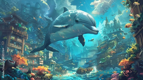 Dolphin-led Underwater Adventure: Fantasy Illustration Teaching Marine Biology