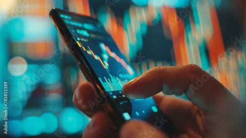 Crypto trader investor broker holding finger using cell phone app executing financial stock trade market trading order