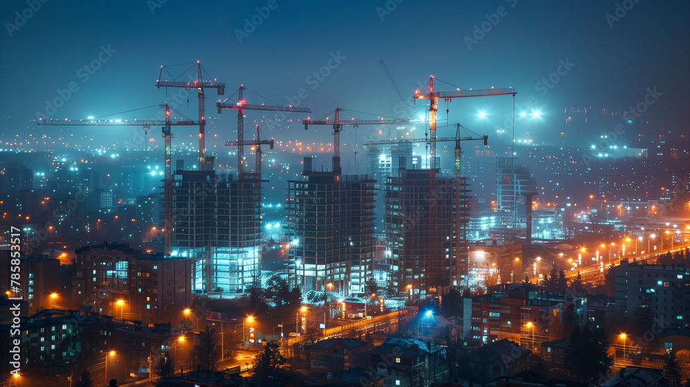 A city skyline at night with many tall buildings and construction cranes
