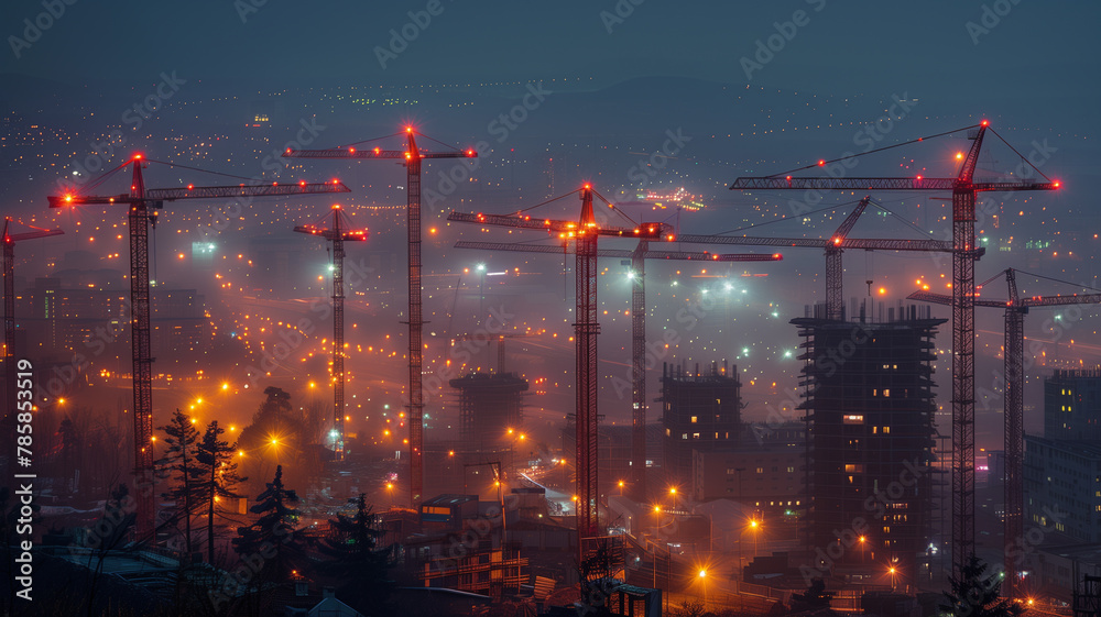 A city skyline at night with many tall cranes and lights
