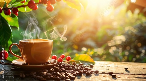 Cup of coffee with smoke and coffee beans on coffee tree background