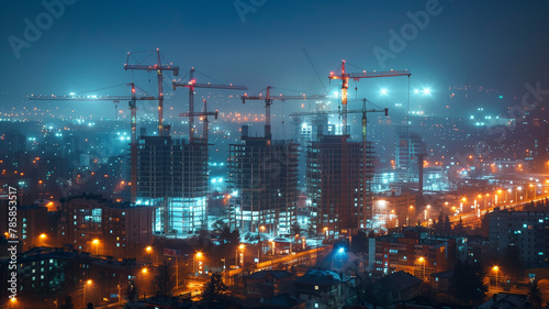 A city skyline at night with many tall buildings and construction cranes