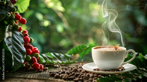 Cup of coffee with smoke and coffee beans on coffee tree background