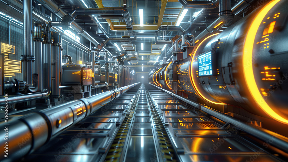 A futuristic industrial space with a lot of pipes and tubes