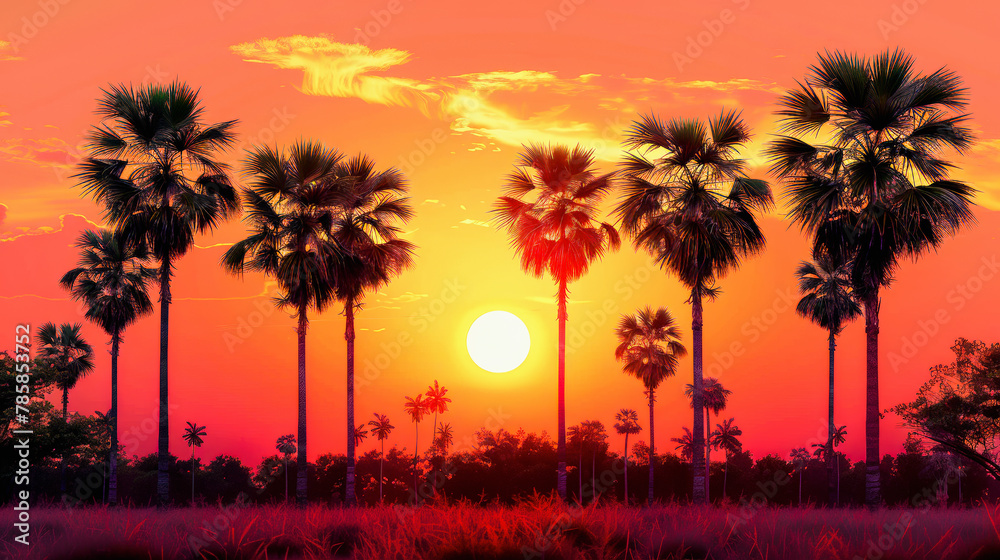 Obraz premium Sunset landscape with silhouette sugar palm trees in evening sky.