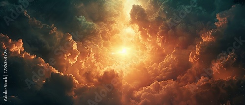 Symbol of faith on high  ethereal light among tumultuous clouds