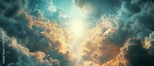 Symbol of faith on high, ethereal light among tumultuous clouds