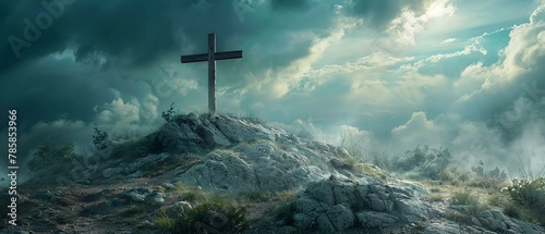 Solemn cross over rocky hill, dramatic skies whispering redemption