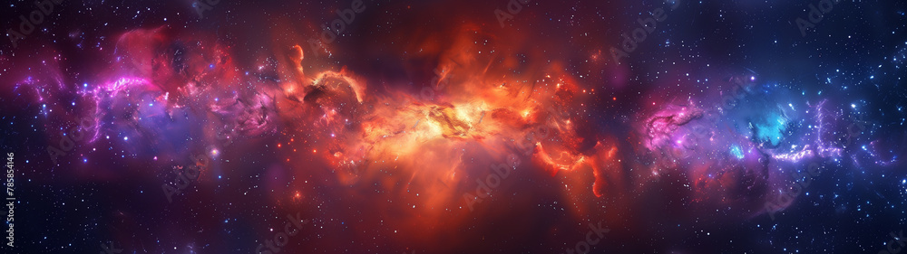 A colorful galaxy with a red and orange line in the middle - obrazy, fototapety, plakaty 