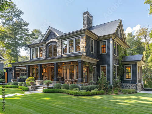 A high-quality photo of an elegant navy blue house with white trim  surrounded by a lush green lawn and beautiful landscaping in the Pacific Northwest. Created with Ai