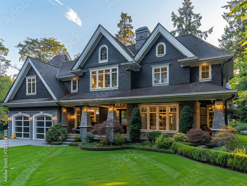 A photo of the front view of an elegant, dark blue craftsman style house with white trim and large windows in Vancouver, green grass lawn, beautiful landscaping. Created with Ai © Artistic Assets