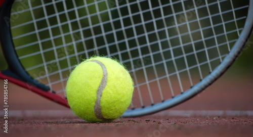Tennis ball and racket lying on tennis hard court