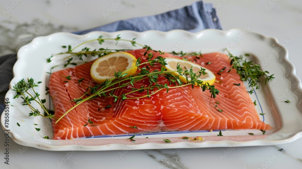 Raw salmon fish fillet with lemon and herbs Raw salmon fish fillet with lemon and herbs