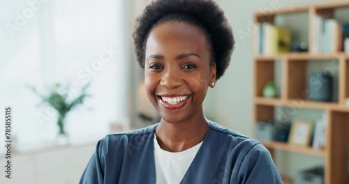 Black woman, nurse and happy face in nursing home in healthcare and volunteer with confidence in living room. African person, smile and portrait in clinic for medical support and trust of caregiver photo