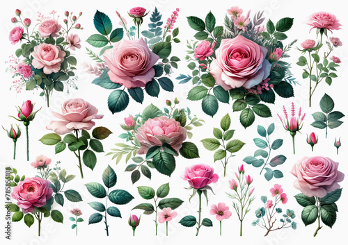A collection of watercolor arrangements featuring garden pink roses and a variety of botanical illustrations including flowers  leaves  and branches.