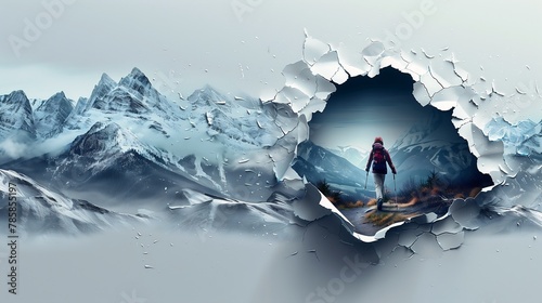 man standing mountain looking out hole shattered wall white paper background containing hidden portal girl alps human body breaking away traveler photo