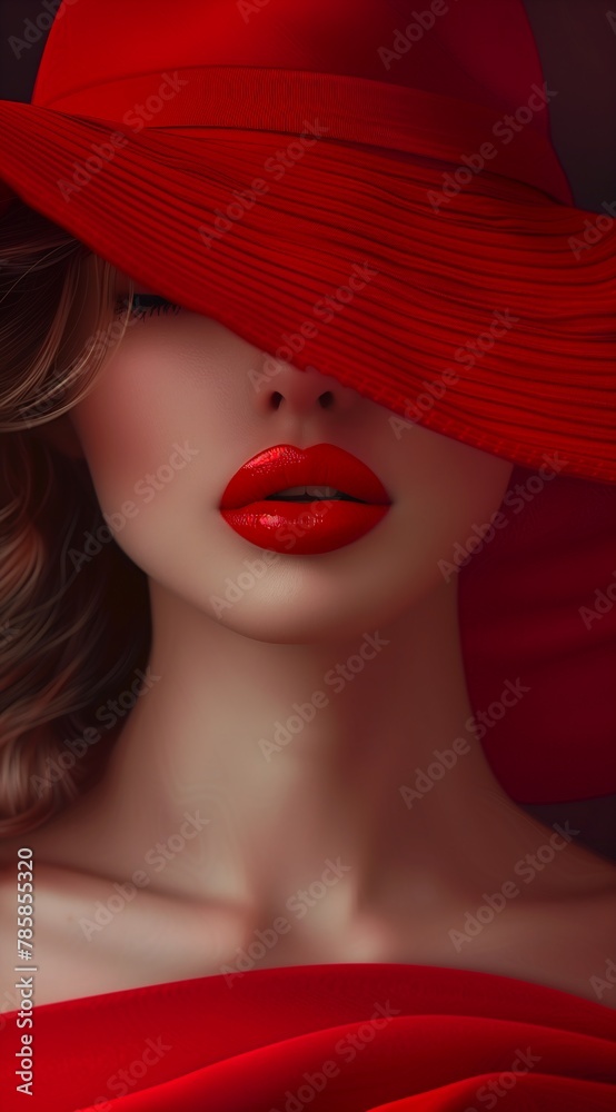 closeup woman wearing red hat lipstick breathtaking glamour pose lips face masked stunning elegance closeup woman wearing red hat lipstick breathtaking glamour pose lips face masked stunning elegance
