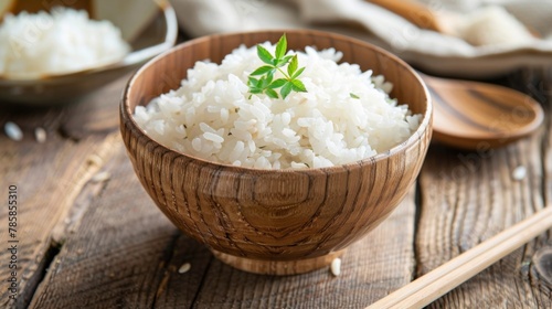 Rice in a bowl.White rice in Ohitsu.Ohitsu is a japanese wooden rice tub.