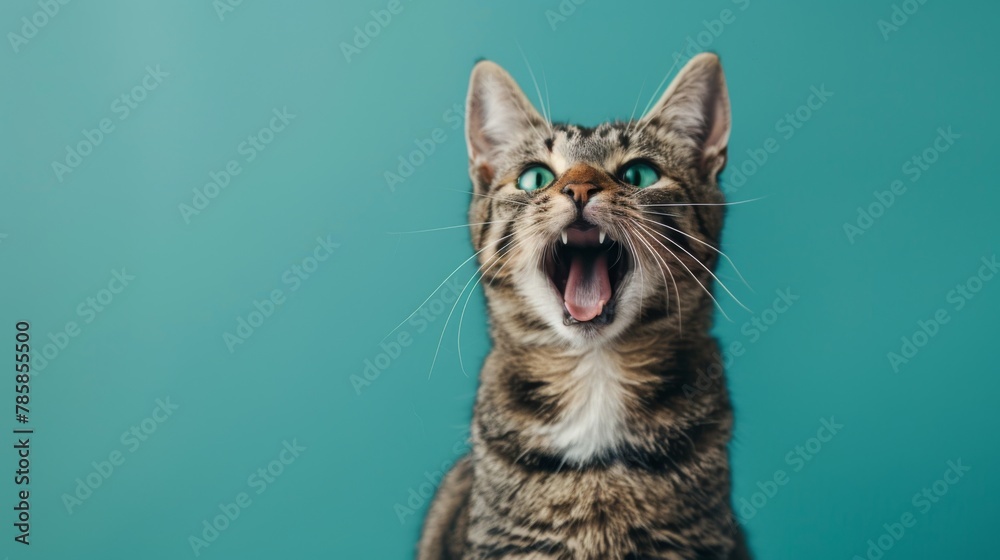 studio headshot portrait of domestic cat with mouth open against a teal background