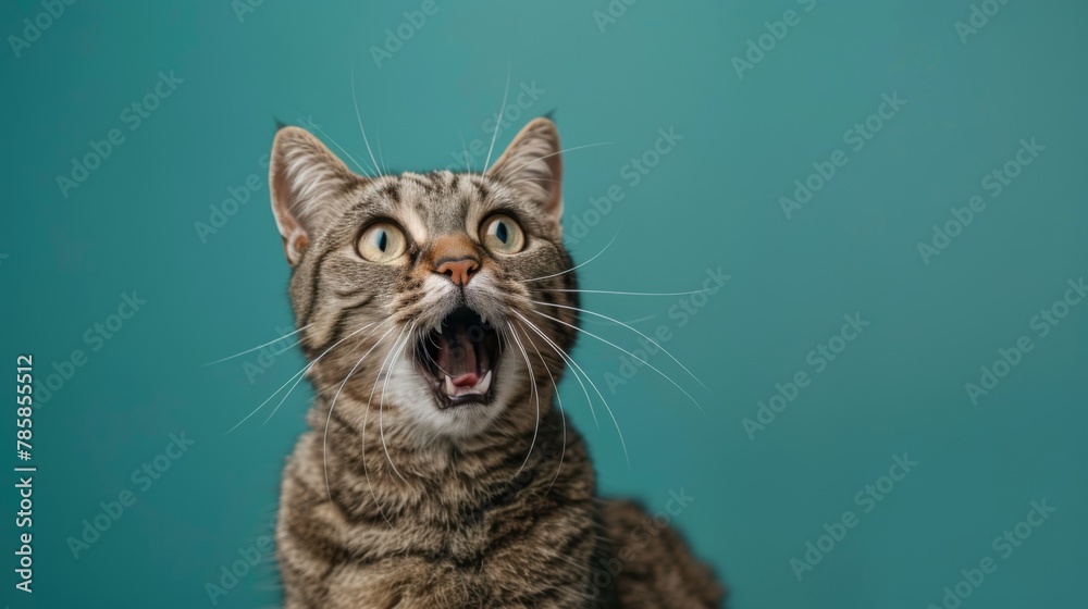 studio headshot portrait of domestic cat with mouth open against a teal background - obrazy, fototapety, plakaty 