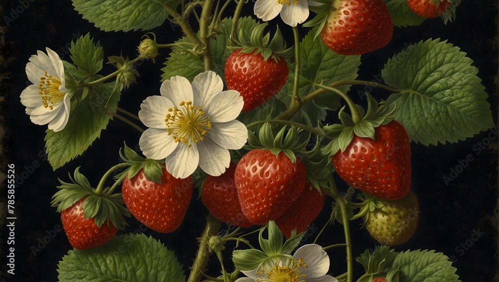 Strawberry Botanical A detailed botanical illustration of a strawberry plant, showing the ...