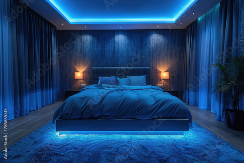 A bedroom with blue neon lights, creating an atmosphere of luxury and comfort. The bed is placed in the center against a dark wooden headboard wall. Created with Ai