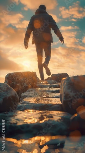 Close-up of a man's legs on a mysterious stone path under bright light. Man steps towards success on an uncertain path in conceptual theme. photo