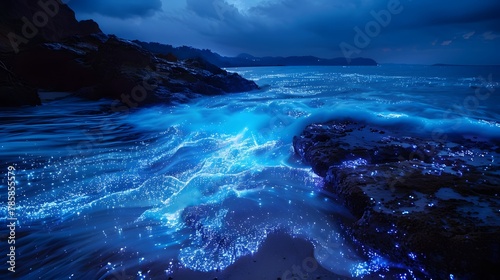 The blue waves of the sea in the dark night  bioluminescent fireflies glowing and shimmering with silver light  The waves beat against the rocks on the shore  an atmosphere full of mystery and tranqui
