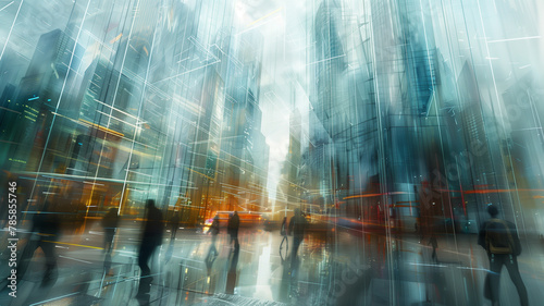 A blurry cityscape with people walking on the street