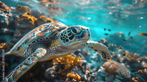 green sea turtle in coral reef