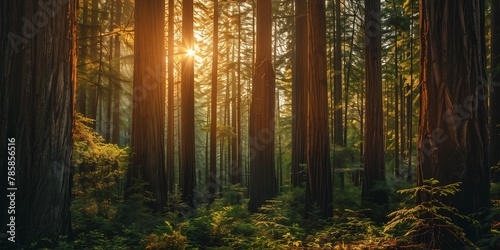 closeup forest sun shining trees matte redwood panoramic morning light jack ducker tall plants naturalistic technique serene environment