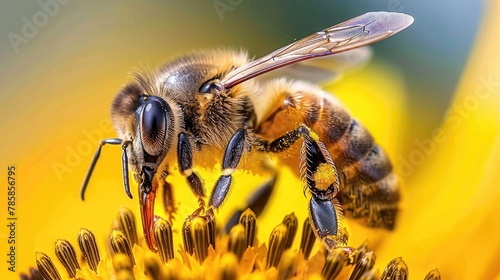 Macro shot of a honeybee collecting pollen on a sunflower