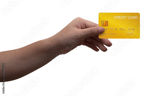 The man's hand holds black credit card isolated on white background.