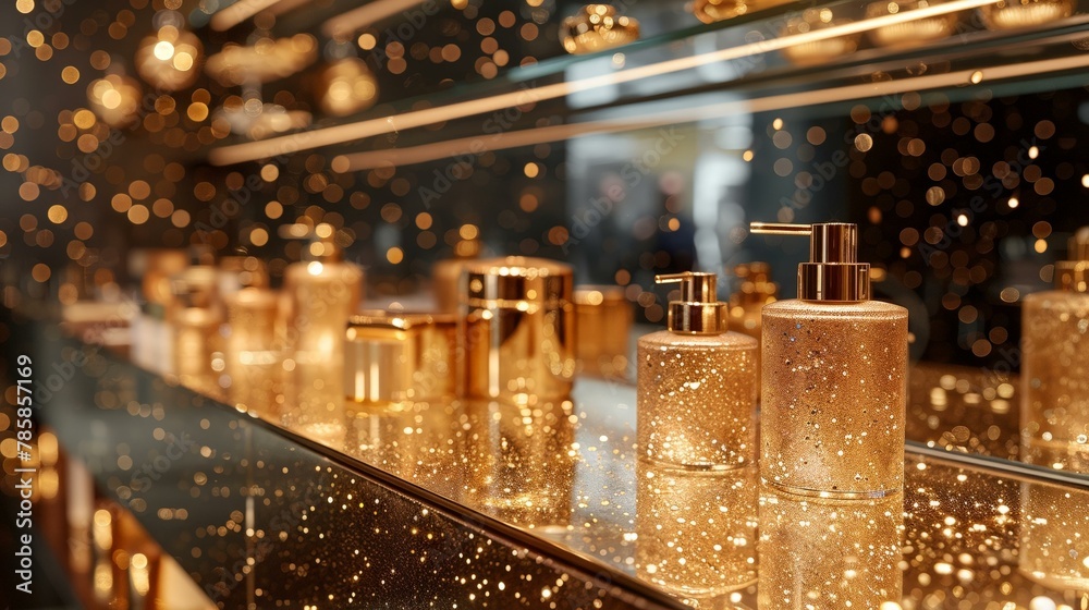 Elegant cosmetic display, glittering gold ambiance