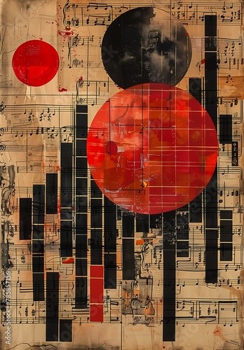 red sun music notes contemporary collage white black lunar cycles blossoming rhythm pianist machine chimeric photo