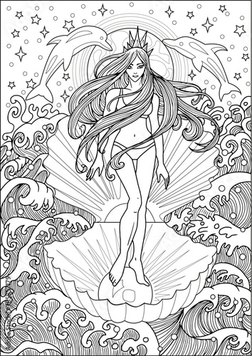 Coloring page with young beautiful woman as sea goddess standing in big shell with dolphins against waves and seascape. Summer background, fantasy concept, line art. 